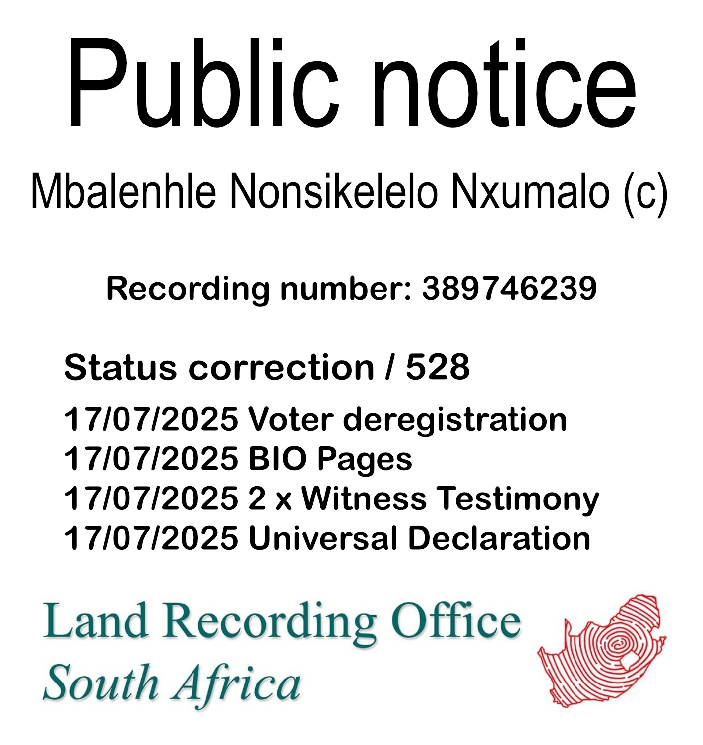 Public notice Mbalenhle Nonsikelelo Nxumalo (c) Recording number 389746239